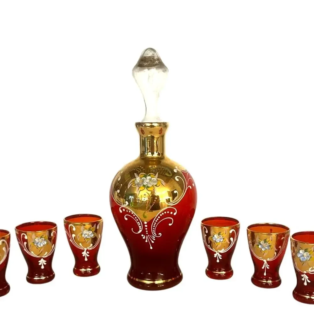 Bohemian Cranberry Glass Decanter Shot Glass Set Hand Painted Gold Floral Design